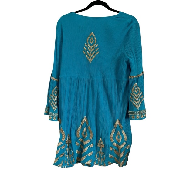 SOFT SURROUNDINGS Metallic Embroidered Zaneta Bell Sleeve Dress in Turquoise - Picture 4 of 11